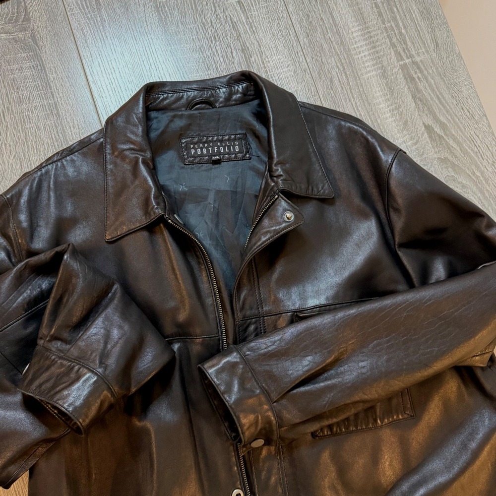 vintage Perry Ellis Leather Jacket Mens XXL Black Zip Front Collared Coat